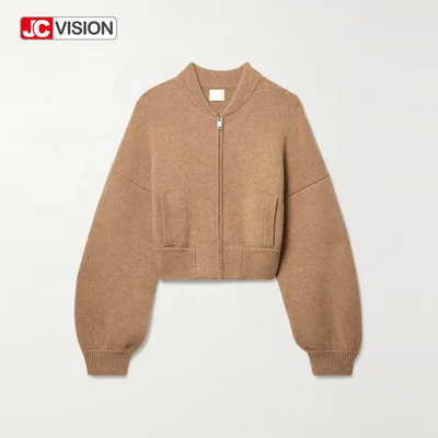 JCVISION Φθινόπωρο Χειμώνας Καφέ V-Λαιμό Μακρυμάνικο Φερμουάρ Γυναικείο