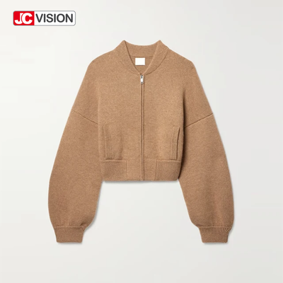 JCVISION Φθινόπωρο Χειμώνας Καφέ V-Λαιμό Μακρυμάνικο Φερμουάρ Γυναικείο