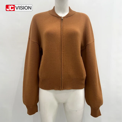 JCVISION Φθινόπωρο Χειμώνας Καφέ V-Λαιμό Μακρυμάνικο Φερμουάρ Γυναικείο