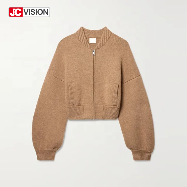 JCVISION Φθινόπωρο Χειμώνας Καφέ V-Λαιμό Μακρυμάνικο Φερμουάρ Γυναικείο
